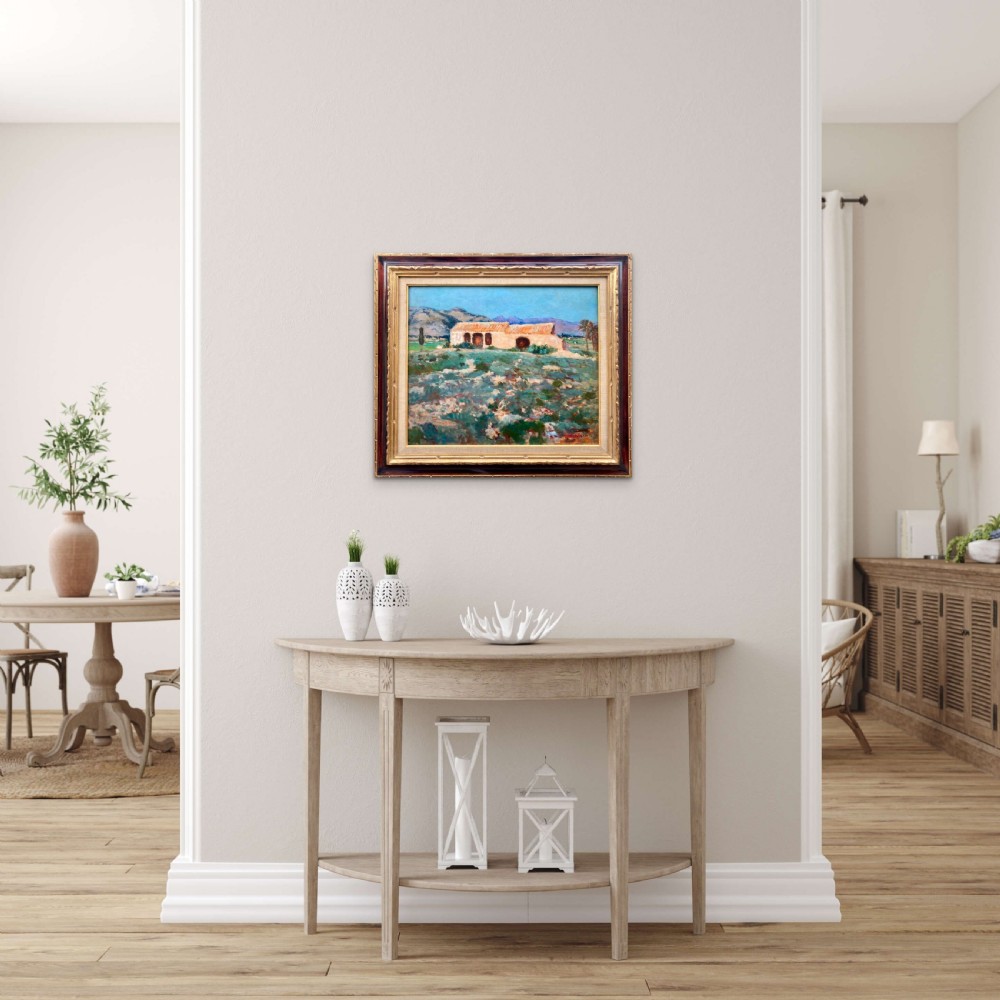 A mid-century oil painting on board depicting a stone farmhouse under a light blue sky with purple mountains in the background and a textured foreground. View IV