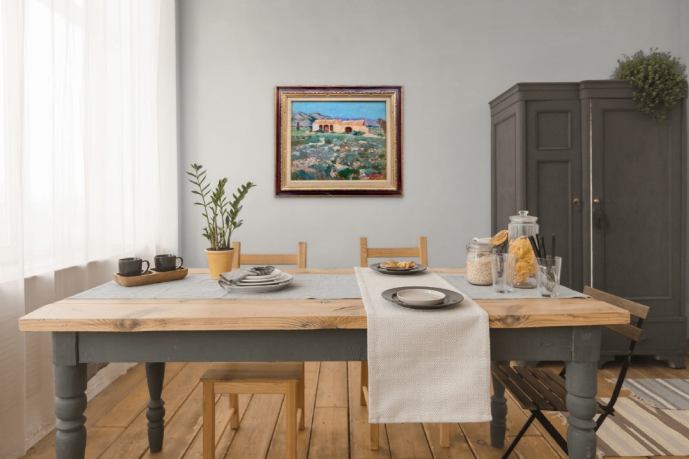 A mid-century oil painting on board depicting a stone farmhouse under a light blue sky with purple mountains in the background and a textured foreground. View V
