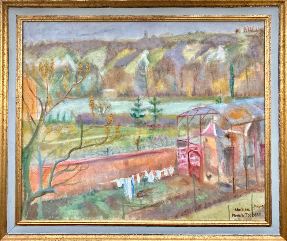 A 1939 landscape oil painting on canvas depicting a rural garden scene with a chicken coop, hanging washing, and rolling green hills in the background. View III