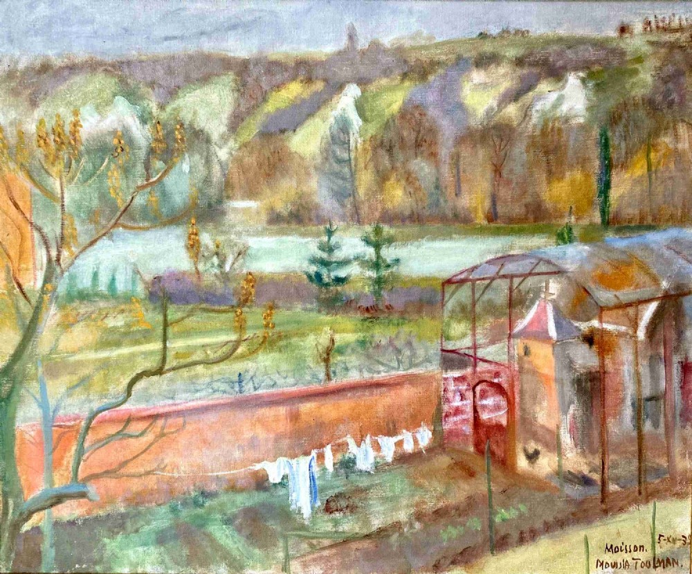 A 1939 landscape oil painting on canvas depicting a rural garden scene with a chicken coop, hanging washing, and rolling green hills in the background.