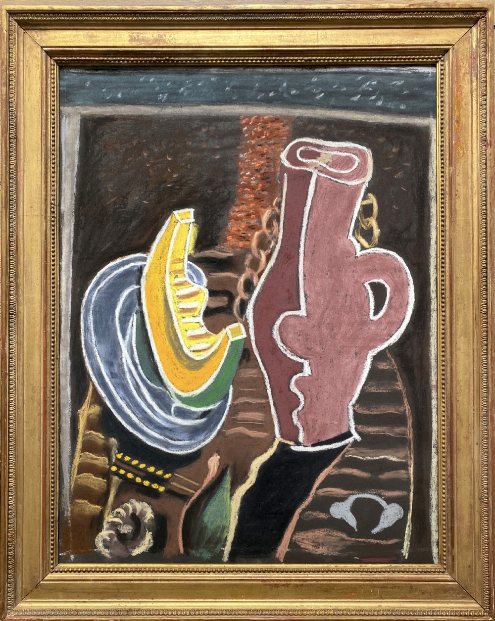 Cubist Still Life ca 1940, French abstracted Picasso-esque pastel on paper painting