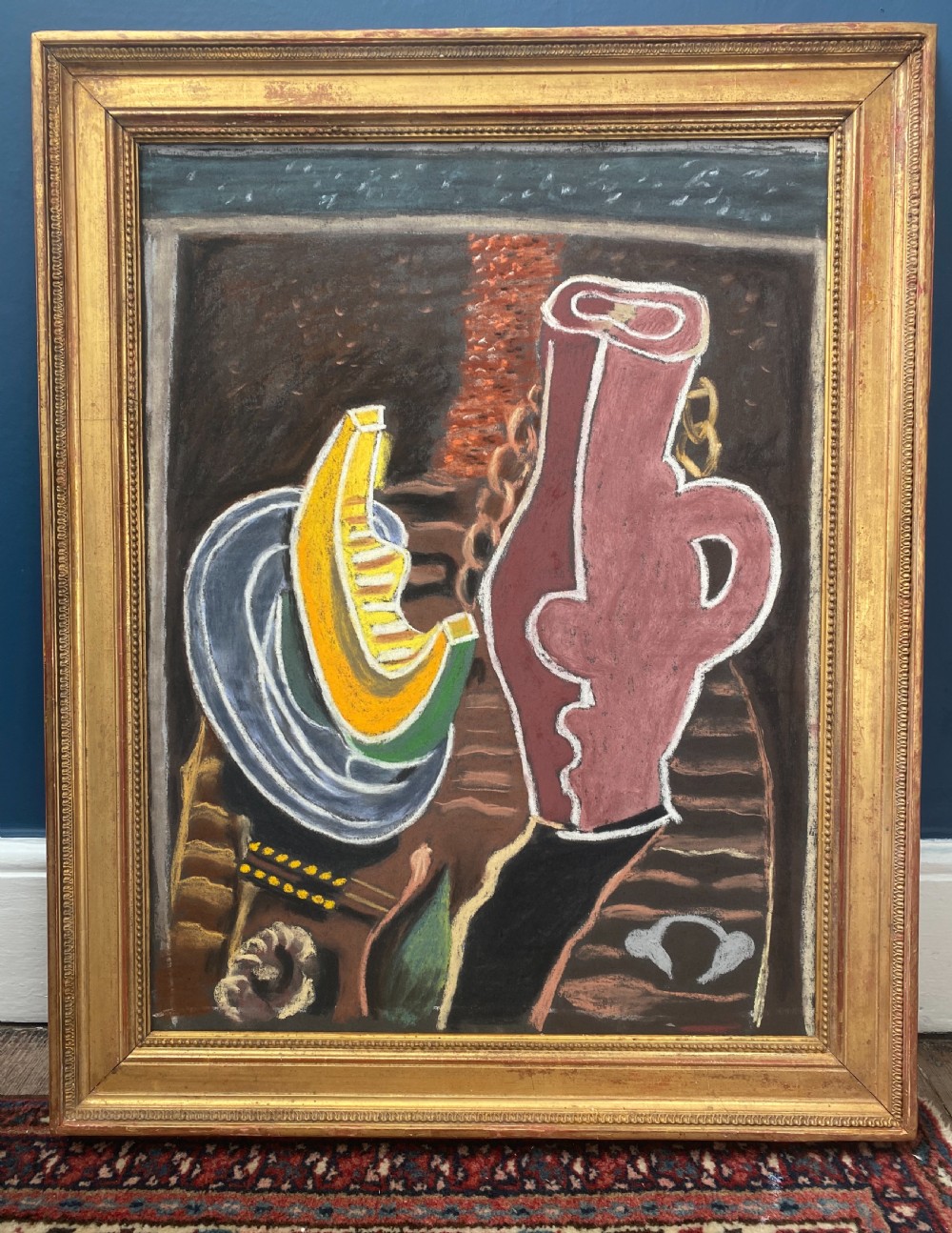 Cubist Still Life ca 1940, French abstracted Picasso-esque pastel on paper painting View II