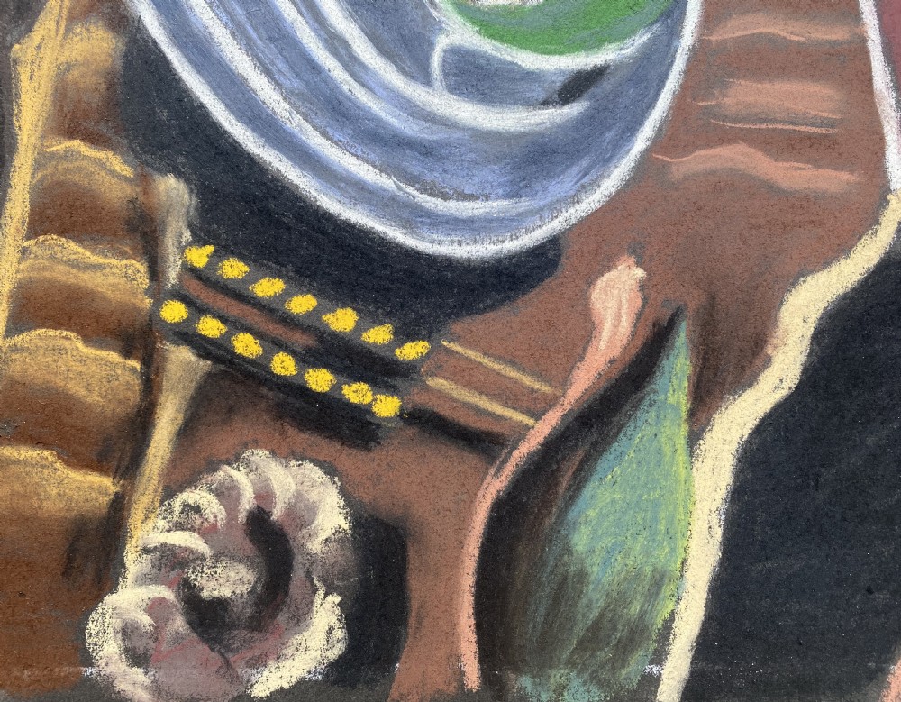 Cubist Still Life ca 1940, French abstracted Picasso-esque pastel on paper painting View V
