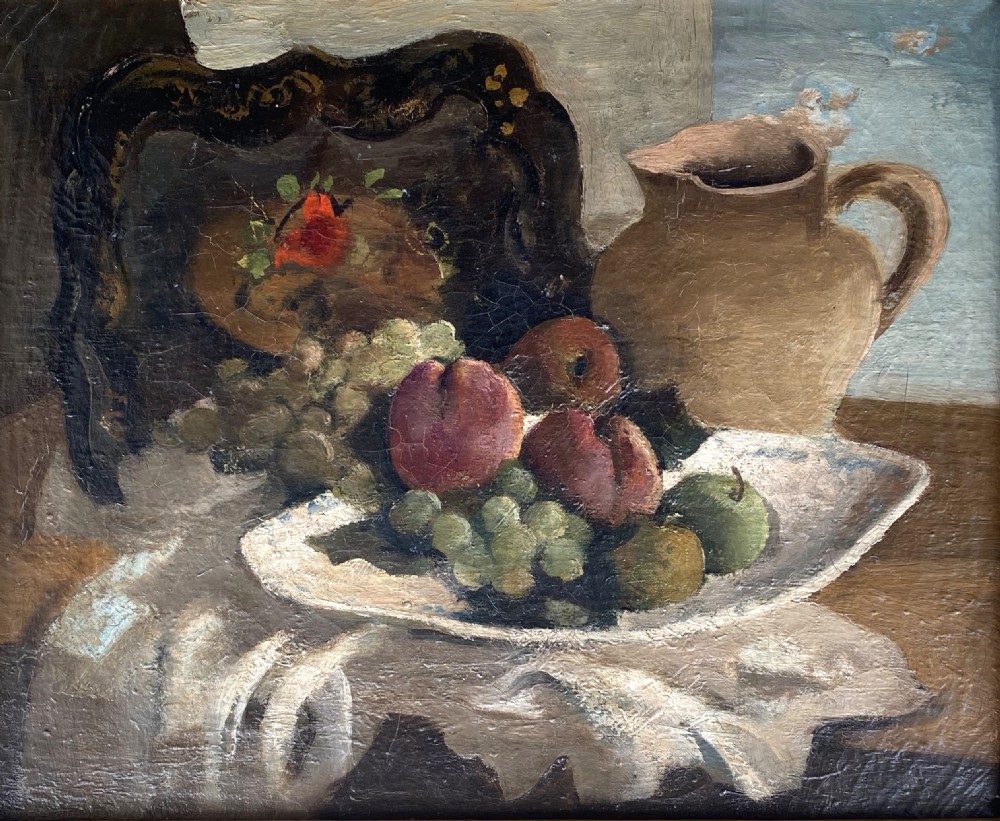 A framed 1920s French modernist oil painting depicting a ceramic pitcher, peaches, and grapes on a table beside a window in a gilded frame. View III