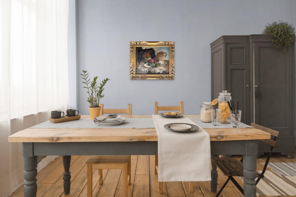 A framed 1920s French modernist oil painting depicting a ceramic pitcher, peaches, and grapes on a table beside a window in a gilded frame. View IV