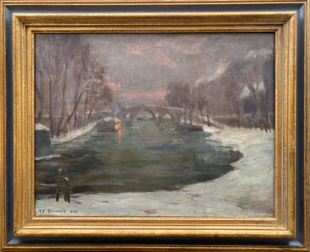 Snow by the River at night, 1920 reflections of light, French Woman artist oil on canvas View II