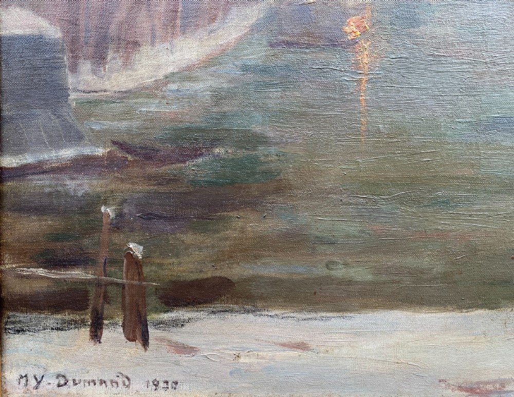 Snow by the River at night, 1920 reflections of light, French Woman artist oil on canvas View III
