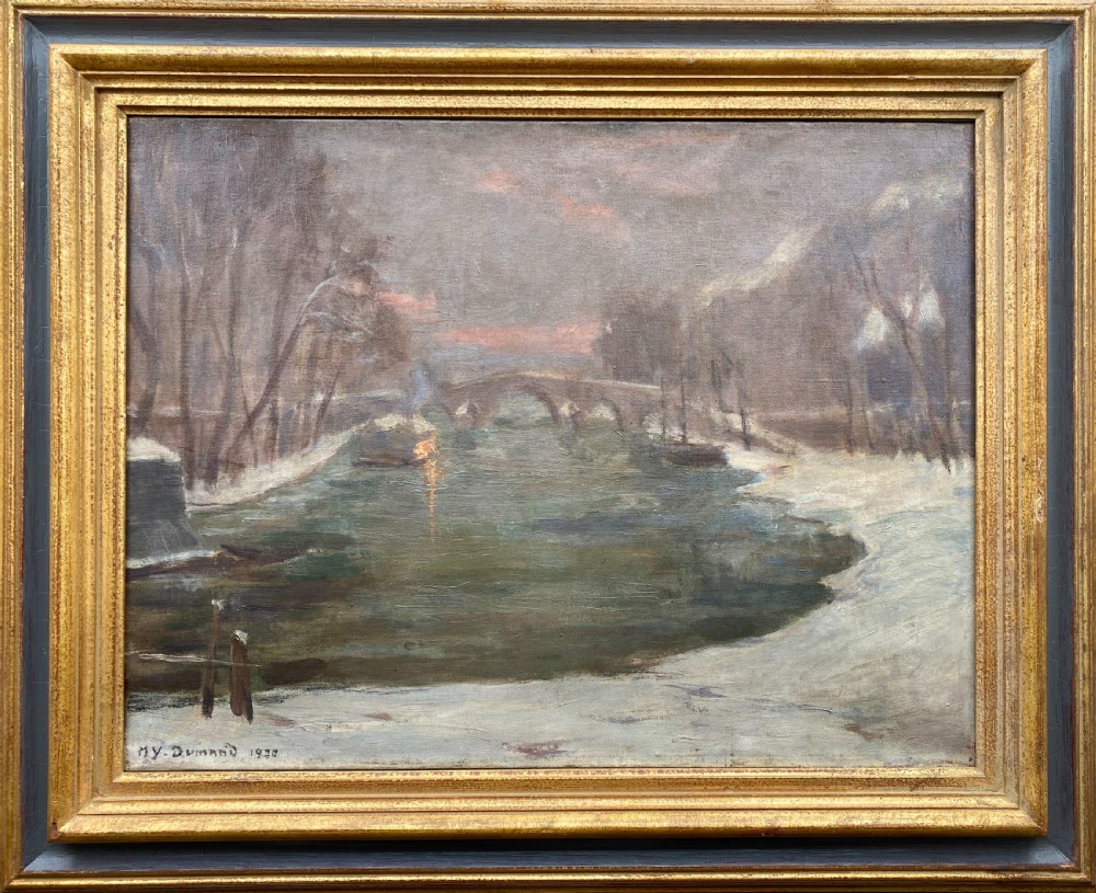 Snow by the River at night, 1920 reflections of light, French Woman artist oil on canvas View VII