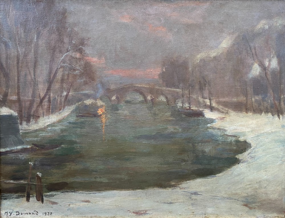 Snow by the River at night, 1920 reflections of light, French Woman artist oil on canvas