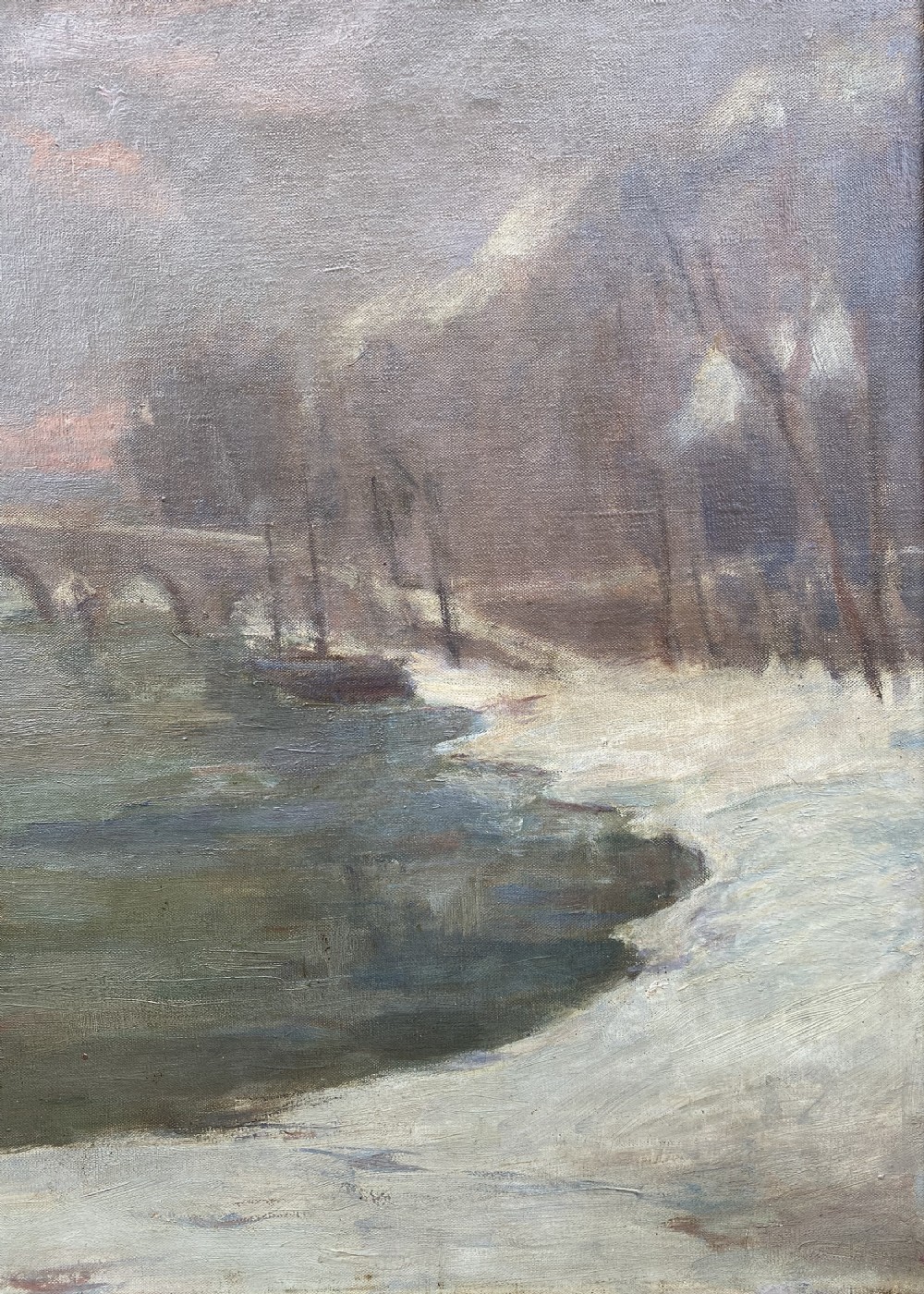 Snow by the River at night, 1920 reflections of light, French Woman artist oil on canvas View VIII