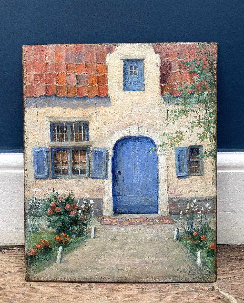 The welcoming home, the white house with blue shutters, ca 1910 French oil on panel View II