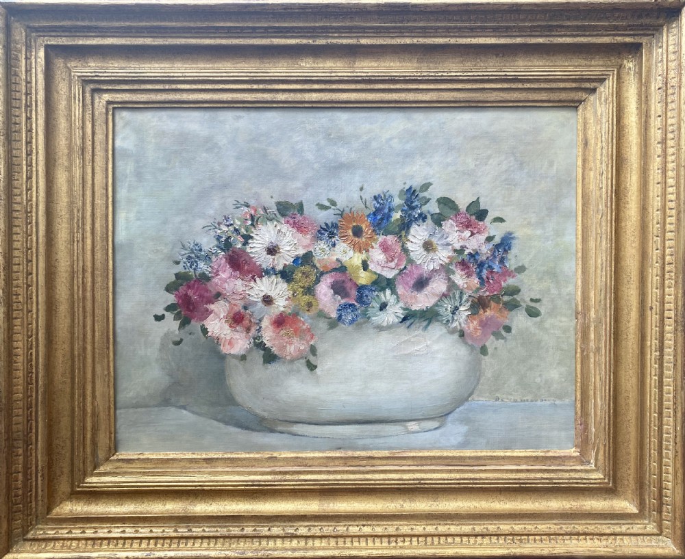 Flowers in a Jardiniere: sunny art deco period floral still life, ca 1920 oil on canvas