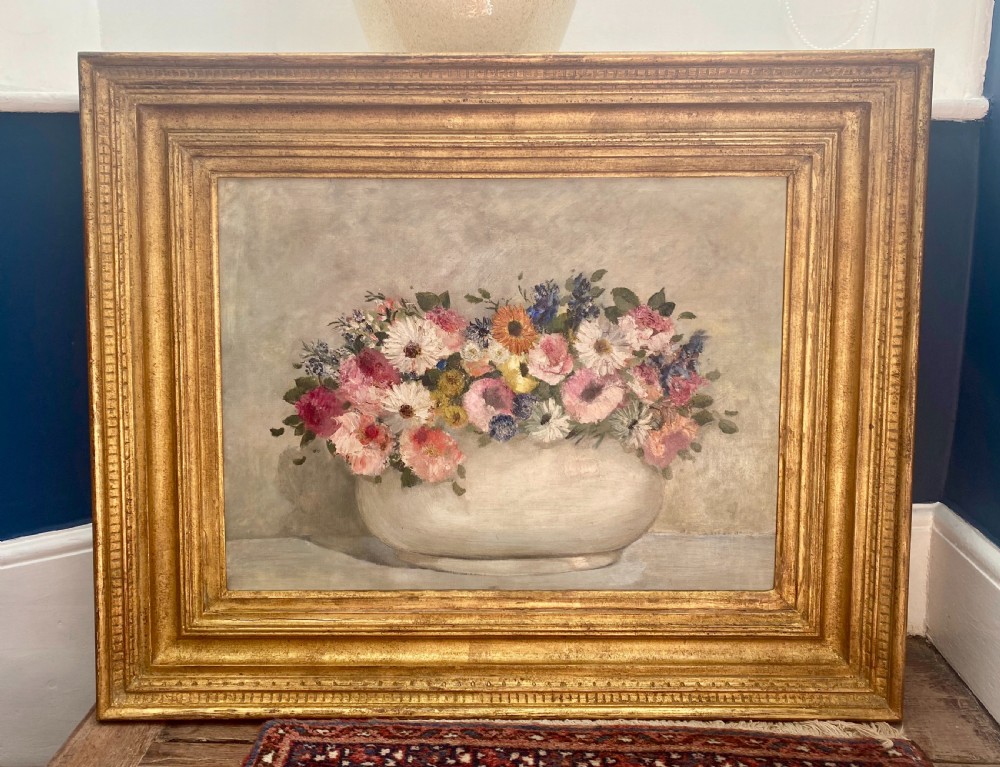Flowers in a Jardiniere: sunny art deco period floral still life, ca 1920 oil on canvas View II