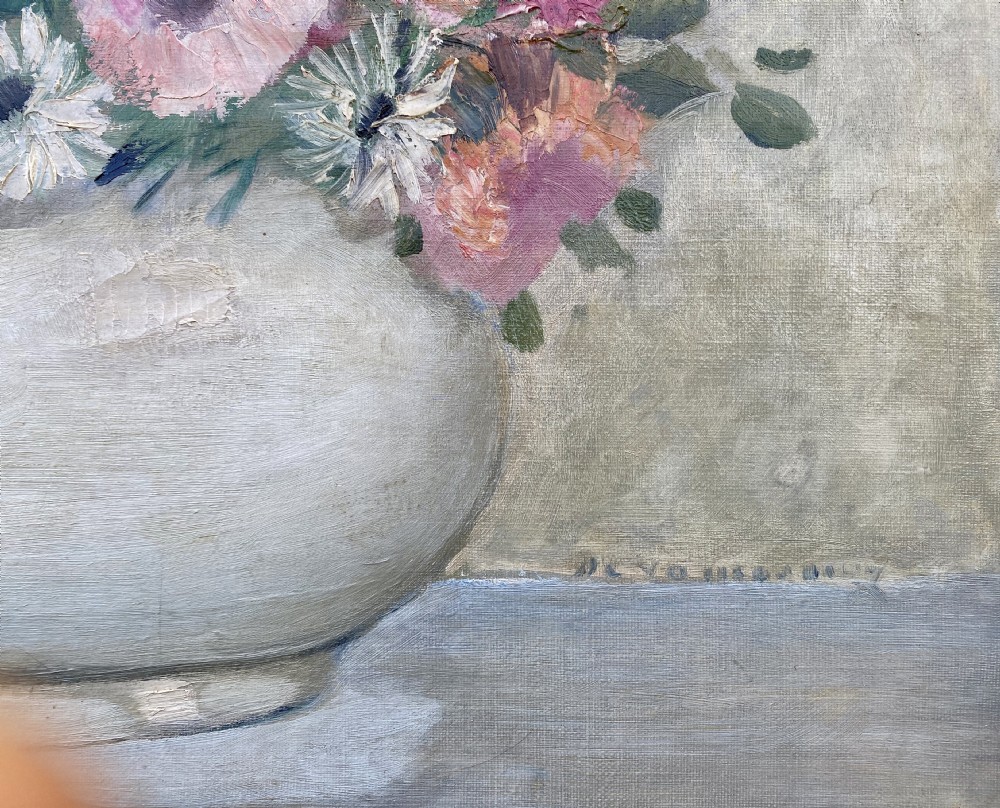 Flowers in a Jardiniere: sunny art deco period floral still life, ca 1920 oil on canvas View V