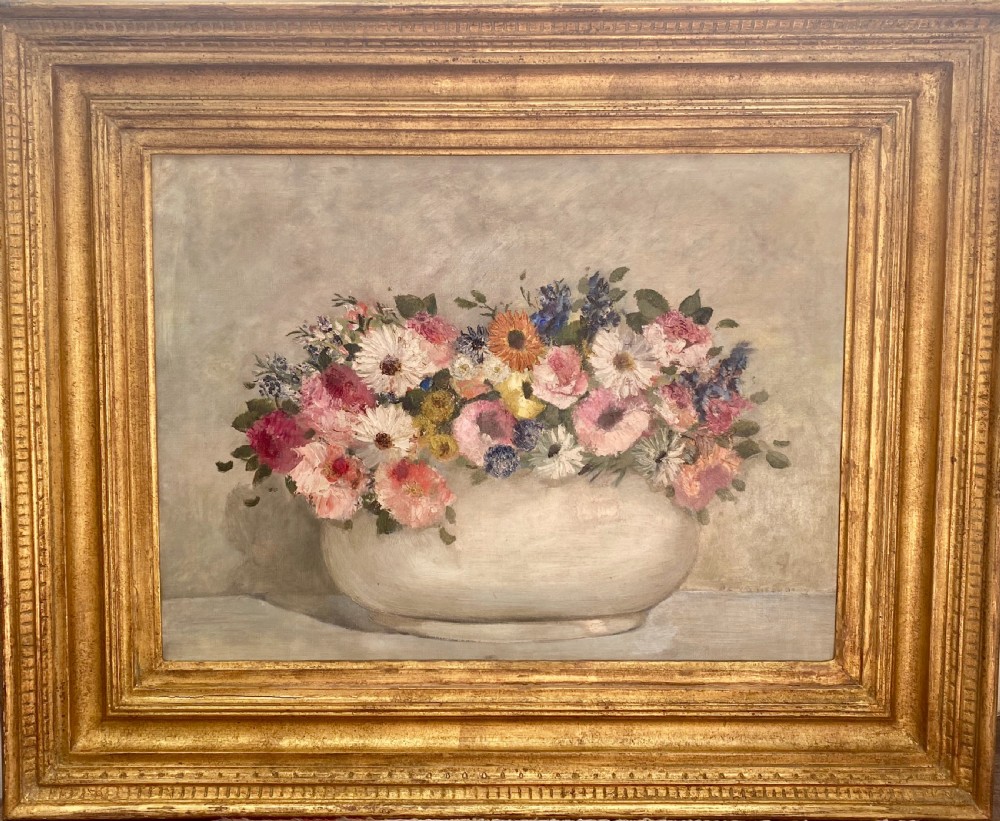 Flowers in a Jardiniere: sunny art deco period floral still life, ca 1920 oil on canvas View VIII