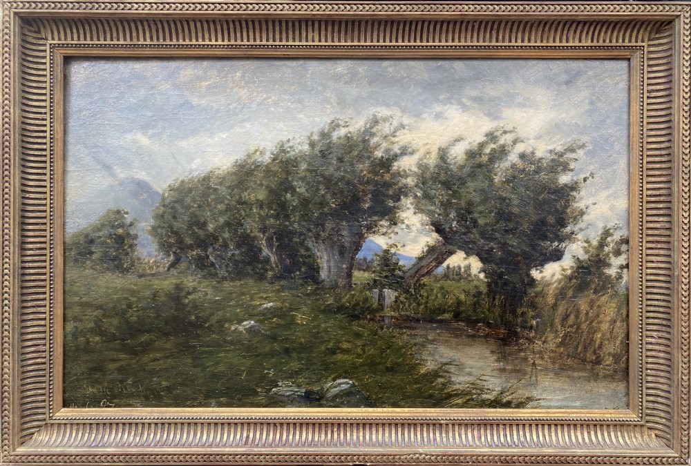 An oil painting on canvas depicting a row of wind-bent trees along a small stream under a cloudy sky. View II