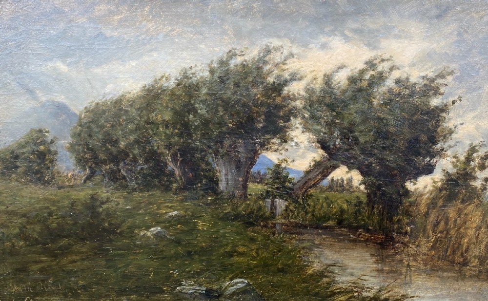 An oil painting on canvas depicting a row of wind-bent trees along a small stream under a cloudy sky.