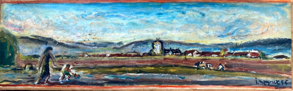 Renoir student Peyret: Figures in a field under a vast sky, 1956 French landscape oil on canvas