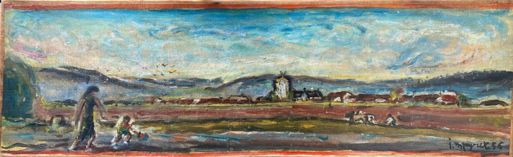 Renoir student Peyret: Figures in a field under a vast sky, 1956 French landscape oil on canvas View III