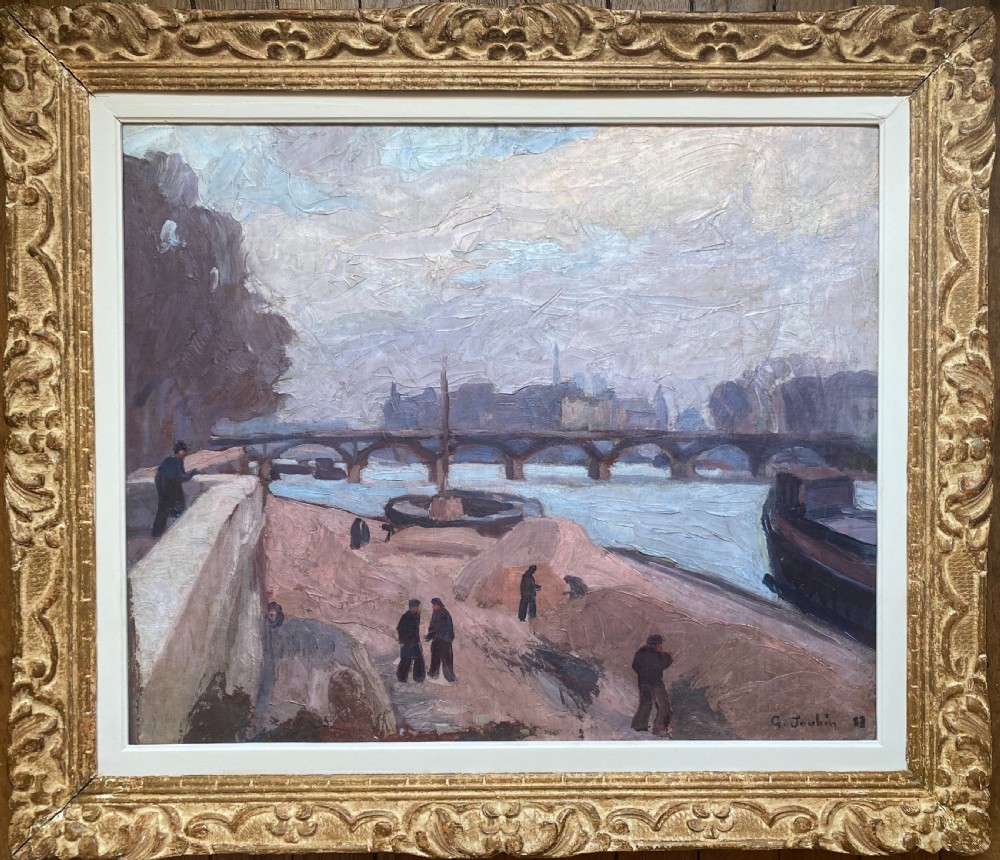 Workers on the river bank near the Louvre, 1923 Paris in the morning light modernist art deco period French oil on canvas View II