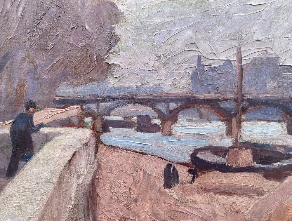 Workers on the river bank near the Louvre, 1923 Paris in the morning light modernist art deco period French oil on canvas View III