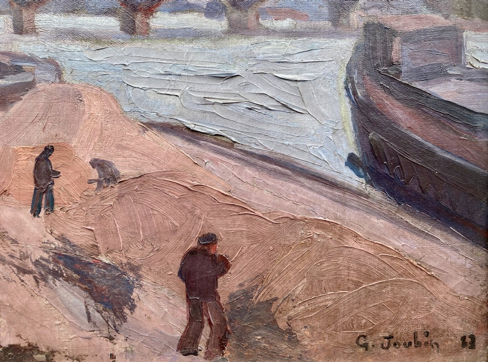 Workers on the river bank near the Louvre, 1923 Paris in the morning light modernist art deco period French oil on canvas View V