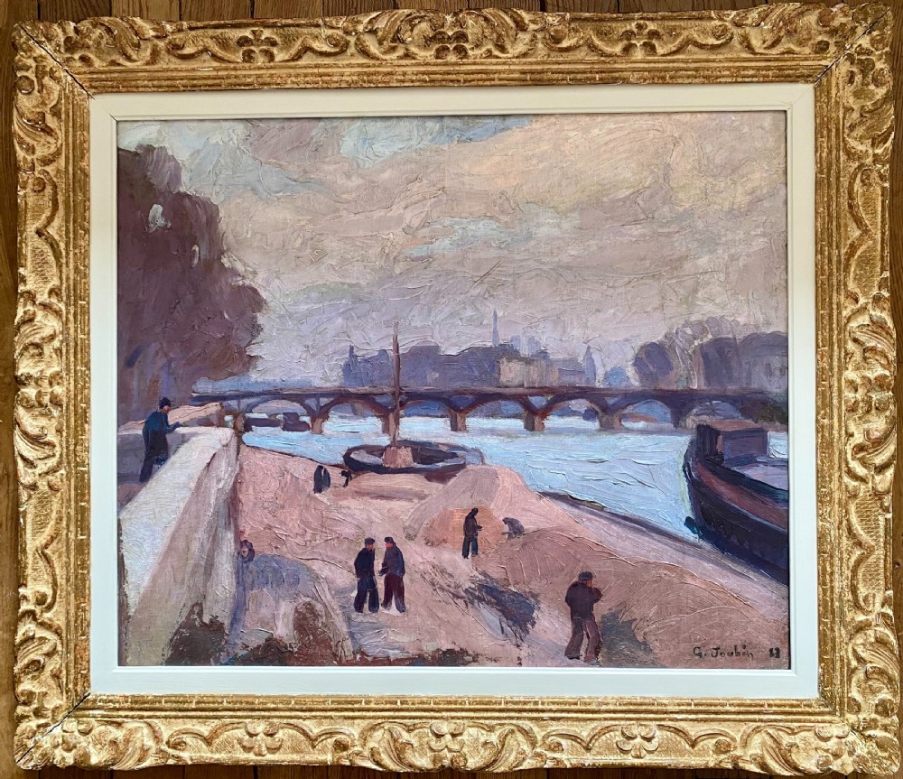 Workers on the river bank near the Louvre, 1923 Paris in the morning light modernist art deco period French oil on canvas View VI