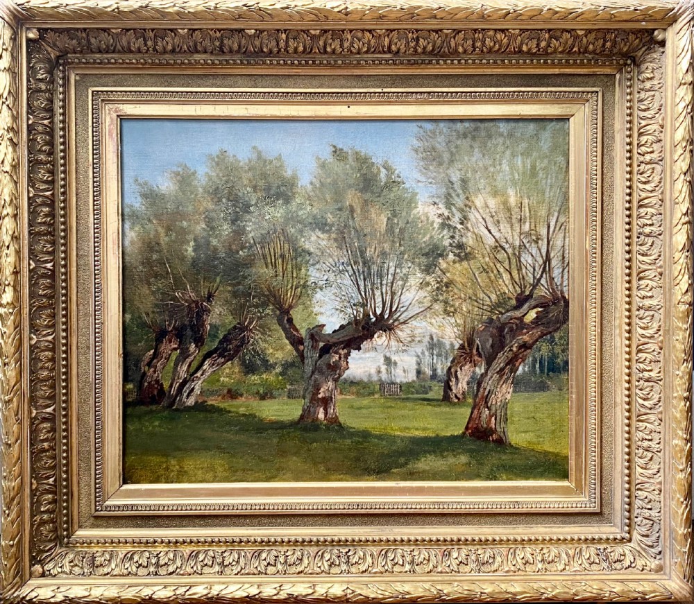 Masterpiece Pollarded trees on the Country Estate, ca 1870 circle of Daubigny  Barbizon Impressionist oil on canvas View II