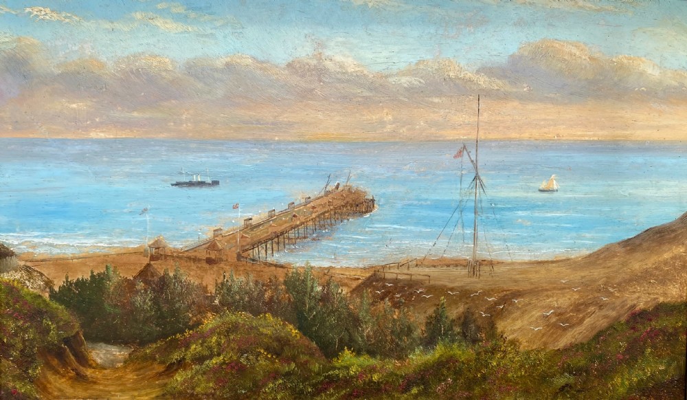 Victorian topographical oil painting on board depicting Boscombe Pier in Dorset with steamships on blue water and coastal cliffs in the foreground.