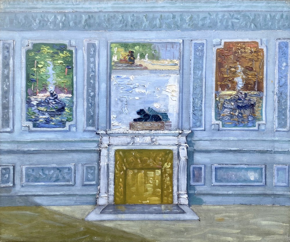 Light flooded Interior: inside the French Chateau, ca 1915 elegant Impressionist oil on canvas