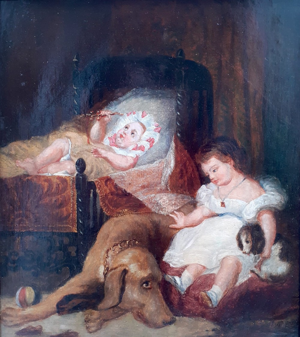 An early nineteenth-century oil painting depicting two young children, a large dog, and a small puppy inside a dimly lit interior.