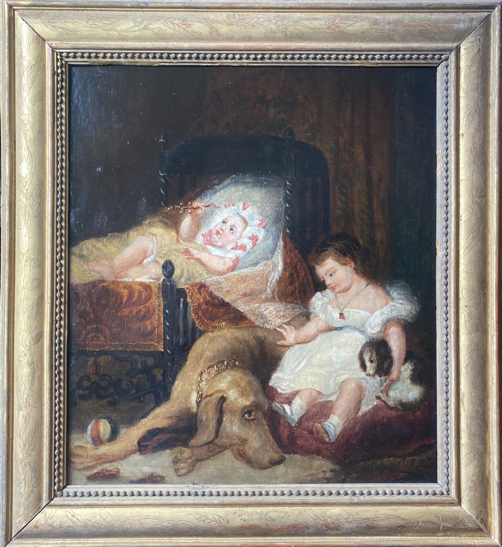 An early nineteenth-century oil painting depicting two young children, a large dog, and a small puppy inside a dimly lit interior. View II