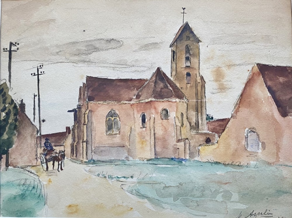 An early 20th-century watercolour painting depicting a French village church and rustic buildings in soft brown and green washes with a horse and cart in the foreground.