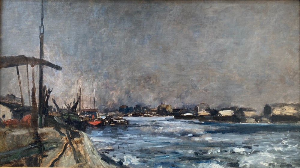 An 19th-century atmospheric oil painting depicting river barges along the Seine under an overcast grey sky.