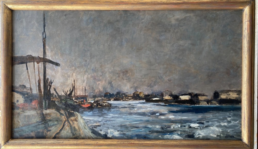 An 19th-century atmospheric oil painting depicting river barges along the Seine under an overcast grey sky. View II