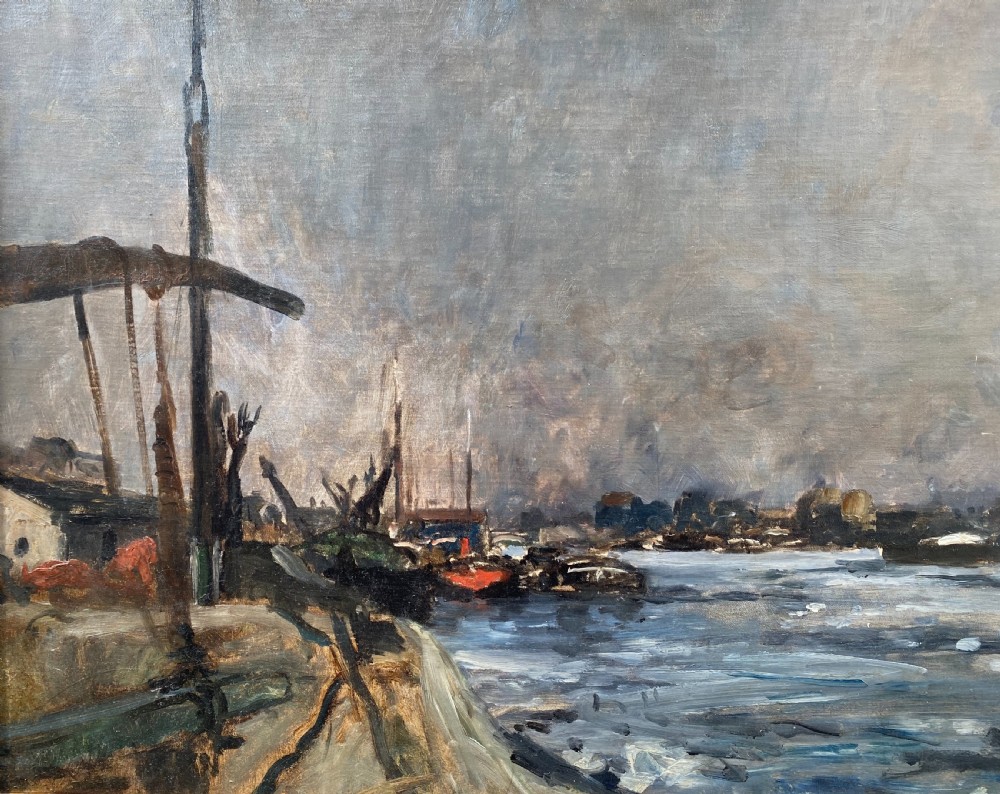 An 19th-century atmospheric oil painting depicting river barges along the Seine under an overcast grey sky. View III