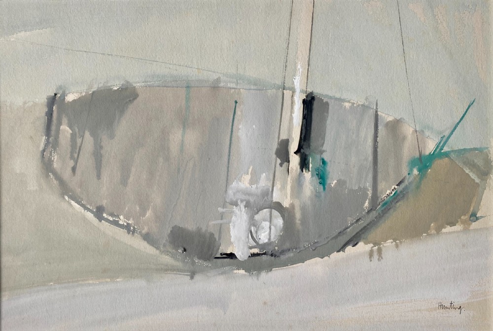A mid-century British modernist gouache painting depicting an abstracted sailboat at low tide rendered in neutral grey, beige, and subtle teal tones.