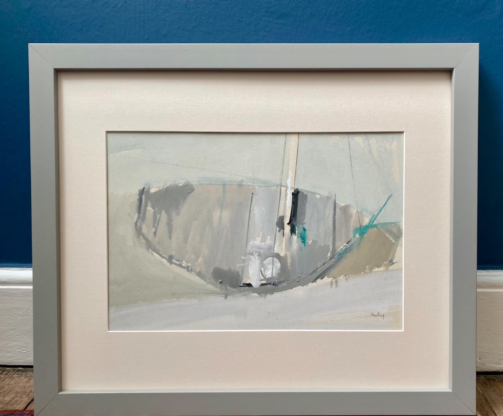 A mid-century British modernist gouache painting depicting an abstracted sailboat at low tide rendered in neutral grey, beige, and subtle teal tones. View II