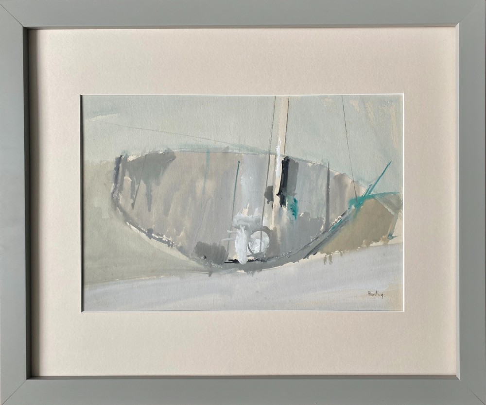 A mid-century British modernist gouache painting depicting an abstracted sailboat at low tide rendered in neutral grey, beige, and subtle teal tones. View III