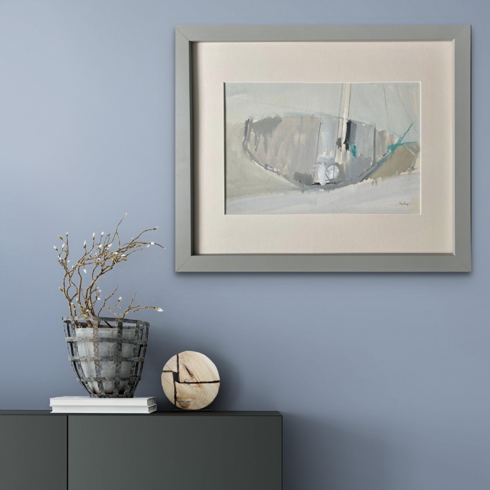 A mid-century British modernist gouache painting depicting an abstracted sailboat at low tide rendered in neutral grey, beige, and subtle teal tones. View IV