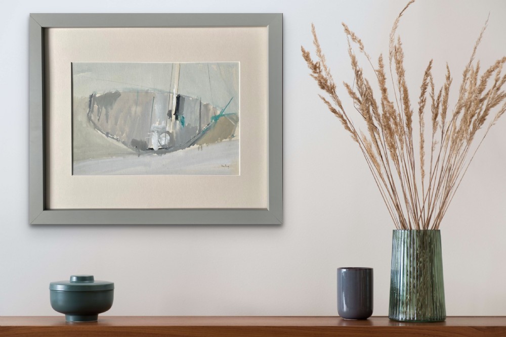 A mid-century British modernist gouache painting depicting an abstracted sailboat at low tide rendered in neutral grey, beige, and subtle teal tones. View V