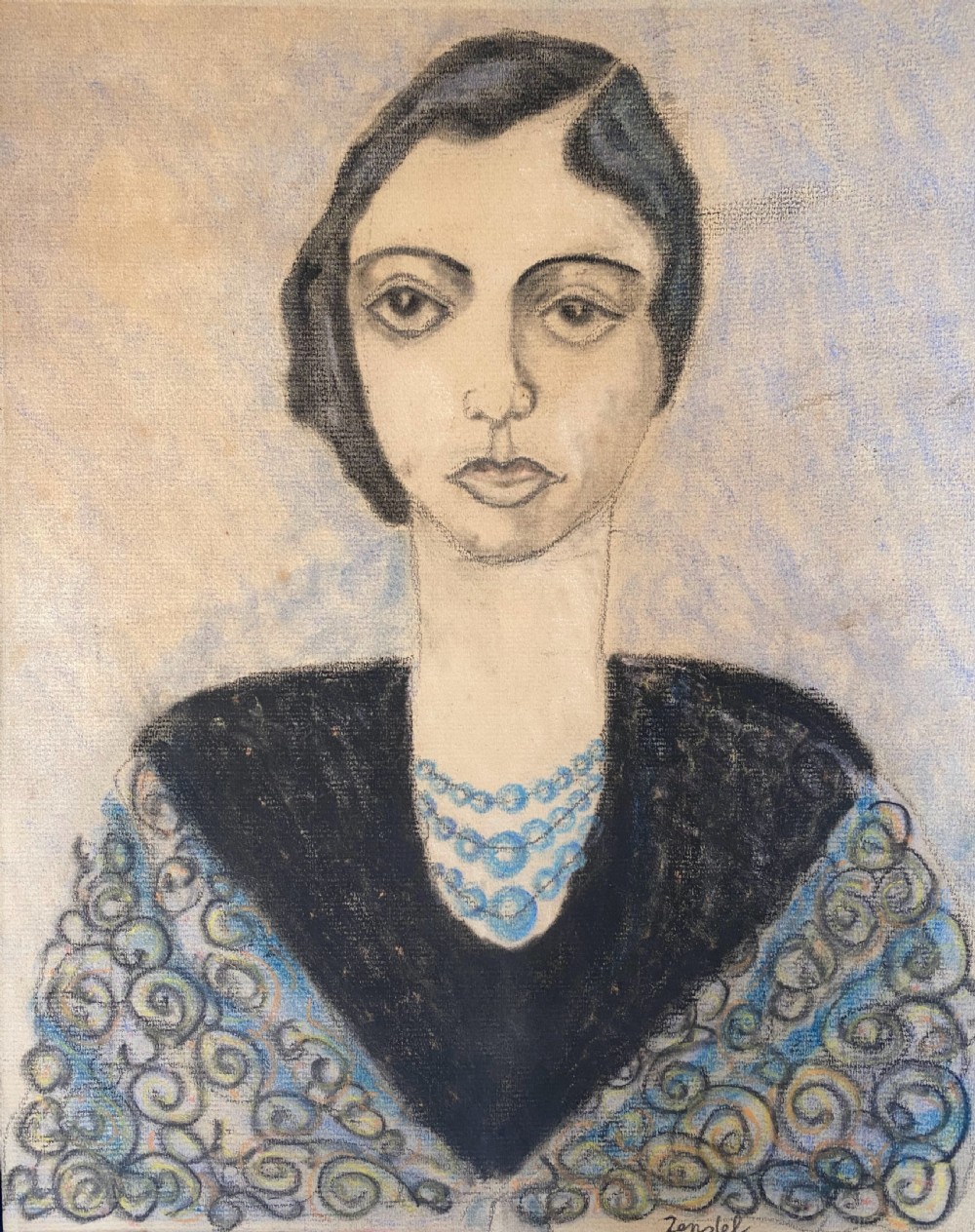 Woman, The artist's fiancée, ca 1938: French fauve neo primitivist school of Paris expressionist art, coloured pencil drawing on paper