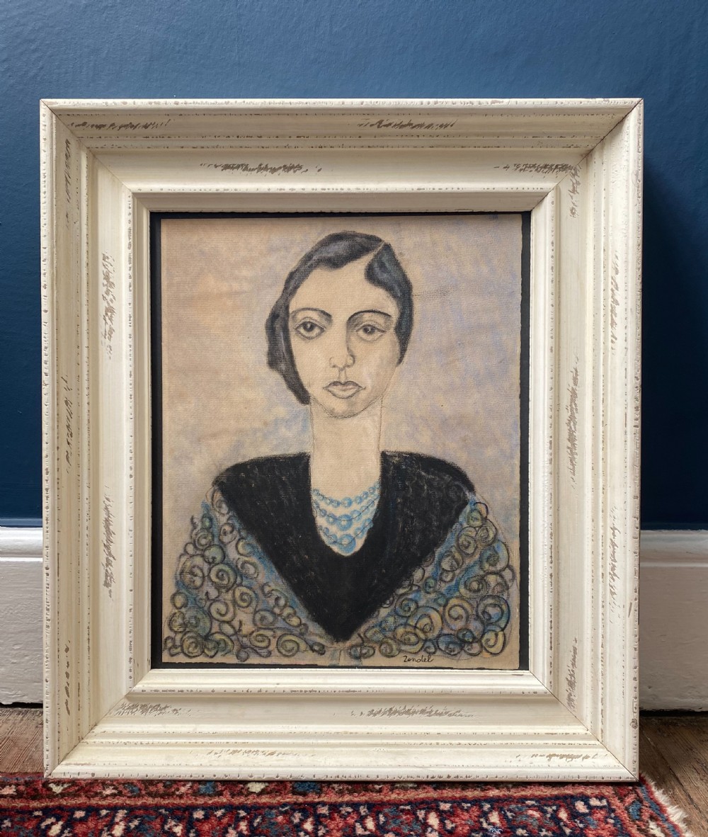 Woman, The artist's fiancée, ca 1938: French fauve neo primitivist school of Paris expressionist art, coloured pencil drawing on paper View II