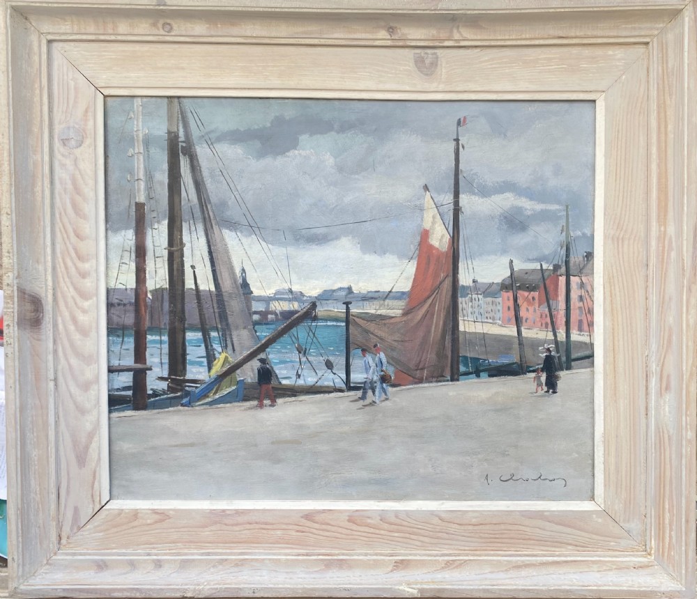 An oil painting on canvas depicting figures walking along a grey stone quay beside sailing vessels in a Brittany harbour under an overcast sky. View II