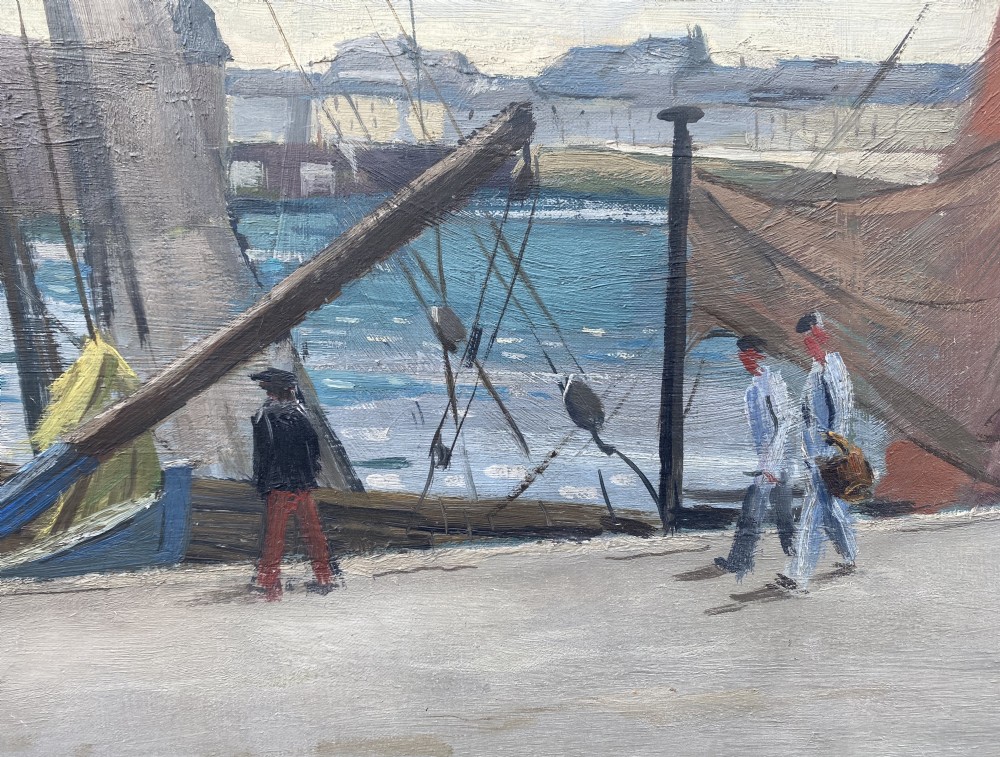 An oil painting on canvas depicting figures walking along a grey stone quay beside sailing vessels in a Brittany harbour under an overcast sky. View III