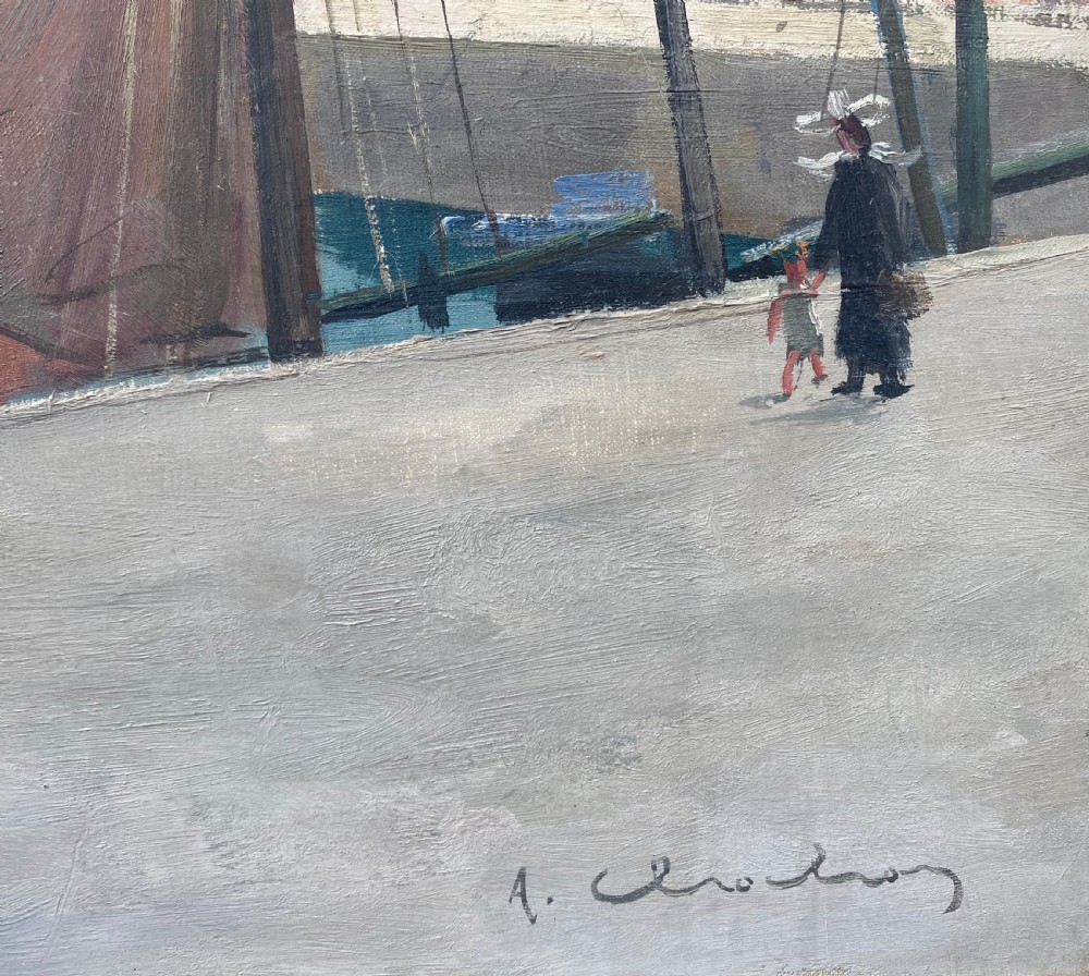 An oil painting on canvas depicting figures walking along a grey stone quay beside sailing vessels in a Brittany harbour under an overcast sky. View V