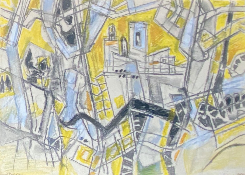 Jazzy Town, 1962 Cubist Abstracted Cityscape Saint Paul de Vence Provence French coloured drawing on paper 