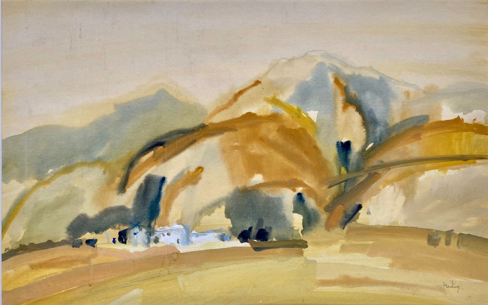 British Modernist: a hamlet in the South of France, abstracted Southern village landscape ca 1960 gouache on paper