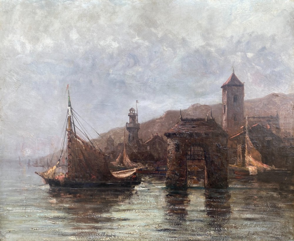 A post-impressionist oil painting on canvas depicting sailing vessels, a stone arch, and a clock tower in a hazy French Riviera harbour.