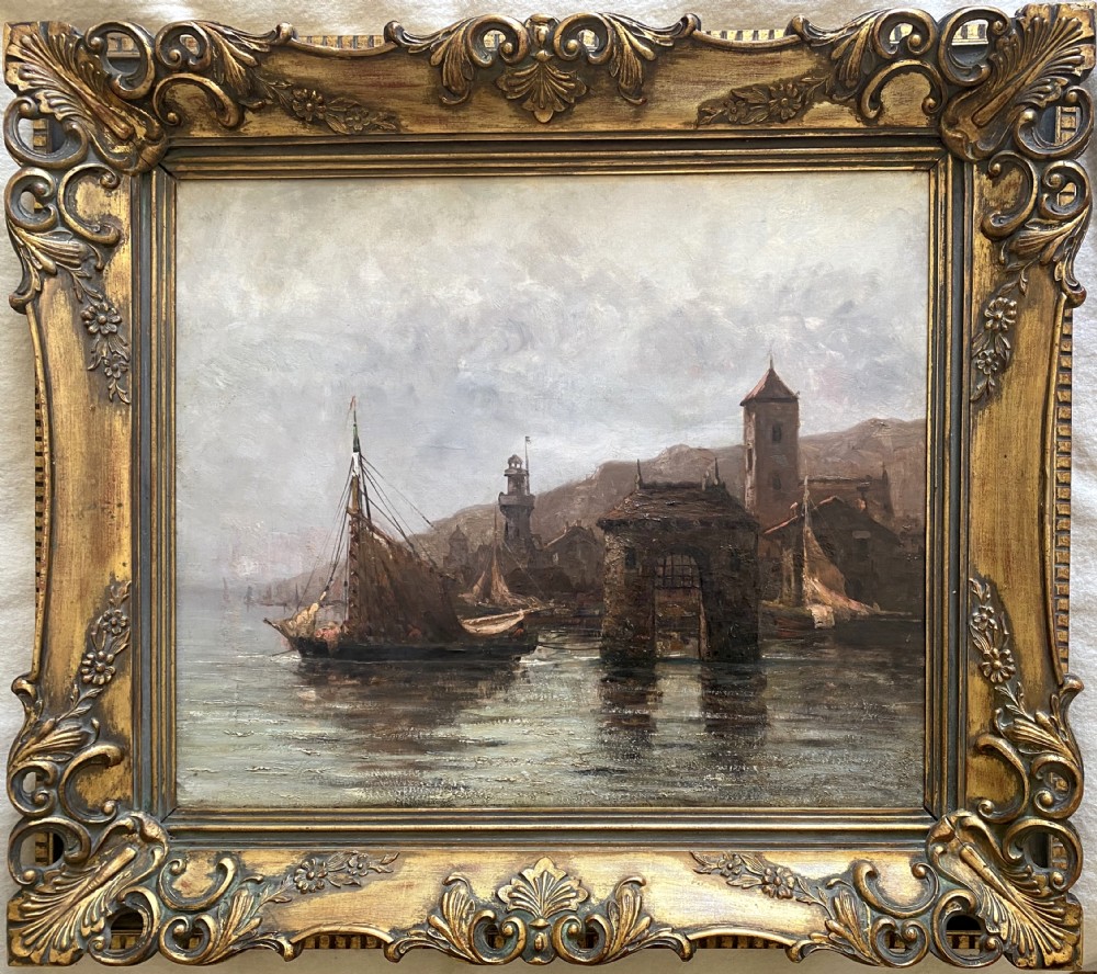 A post-impressionist oil painting on canvas depicting sailing vessels, a stone arch, and a clock tower in a hazy French Riviera harbour. View II